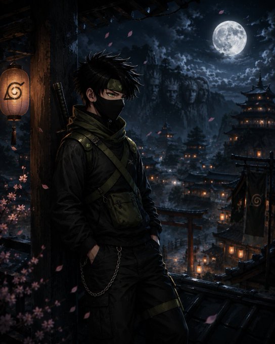 A dark-haired ninja wearing a green scarf and a Hidden Leaf Village headband leans against a wooden pillar overlooking a moonlit village with a Hokage carved into the mountainside, accented by a glowing paper lantern bearing the village's swirl symbol.