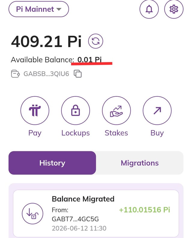 A screenshot of a Pi Mainnet wallet interface showing a balance of 409.21 Pi with an available balance of 0.01 Pi, highlighting a recent 'Balance Migrated' entry of +110.01516 Pi from address GABT7...4GC5G.