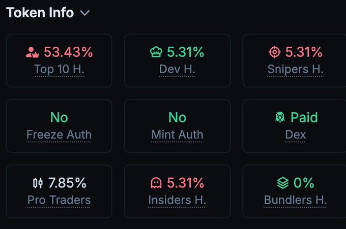 A 'Token Info' dashboard displaying token holder statistics: Top 10 H. at 53.43%, Dev H. and Snipers H. both at 5.31%, with No Freeze Auth and Mint Auth, Paid Dex status, Pro Traders at 7.85%, Insiders H. at 5.31%, and Bundlers H. at 0%.