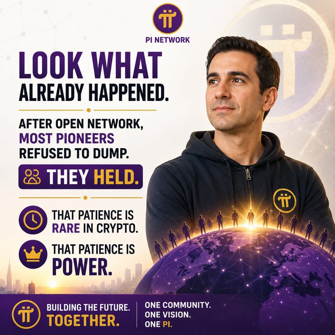 A Pi Network promotional graphic featuring a man in a Pi hoodie with the text 'LOOK WHAT ALREADY HAPPENED' and 'AFTER OPEN NETWORK, MOST PIONEERS REFUSED TO DUMP.'
