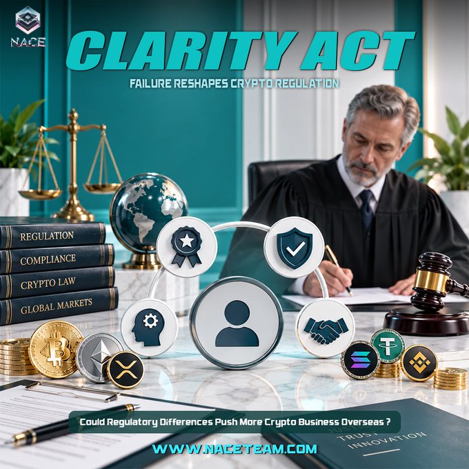 A graphic titled "CLARITY ACT FAILURE RESHAPES CRYPTO REGULATION" showing a judge at a desk surrounded by law books, crypto coins, and text asking "Could Regulatory Differences Push More Crypto Business Overseas?" from "WWW.NACE-TEAM.COM".