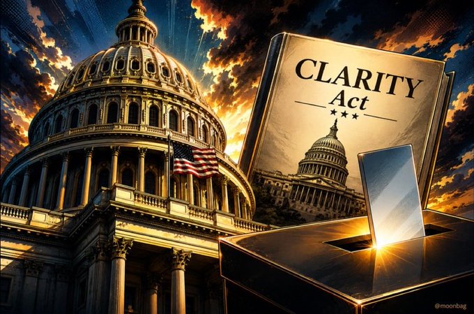 A dramatic illustration shows the U.S. Capitol dome beside a ballot box receiving a document labeled 'CLARITY Act' against a fiery sky, signed by @moonbag.
