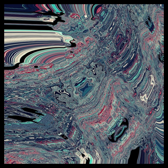 An abstract digital composition with swirling, fluid patterns in shades of blue, teal, pink, and black.