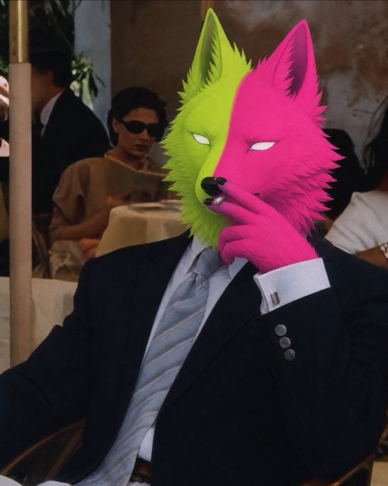 A surreal digital artwork of a person in a formal black suit with a stylized wolf mask (half neon green, half pink), sitting at what appears to be a café.
