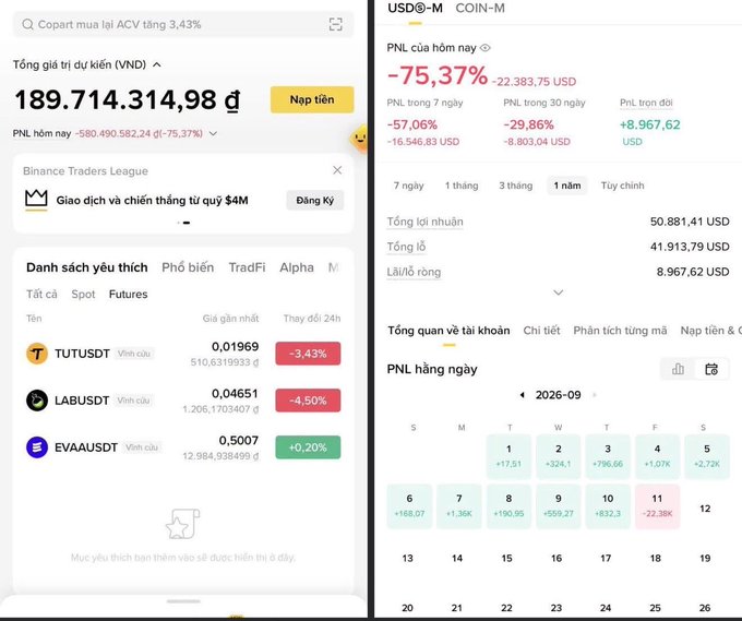 A Binance app screenshot showing a portfolio value of 189,714,314.98 VND with a -75.37% daily PNL (-22,383.75 USD), including favorites like TUTUSDT, LABUSDT, and EVAAUSDT, alongside a calendar view of daily PNL.