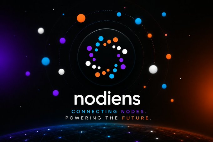 A dark futuristic logo for 'nodiens' with the tagline 'CONNECTING NODES. POWERING THE FUTURE.' surrounded by orbiting colorful dots.