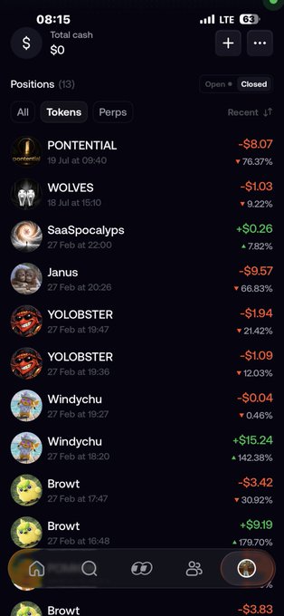 A mobile cryptocurrency portfolio screenshot showing 13 positions with total cash of $0, displaying various token holdings like PONTENTIAL (-$8.07), WOLVES (-$1.03), SaaSpocalyps (+$0.26), YOLOBSTER, Browt, and Windychu with mixed gains and losses.