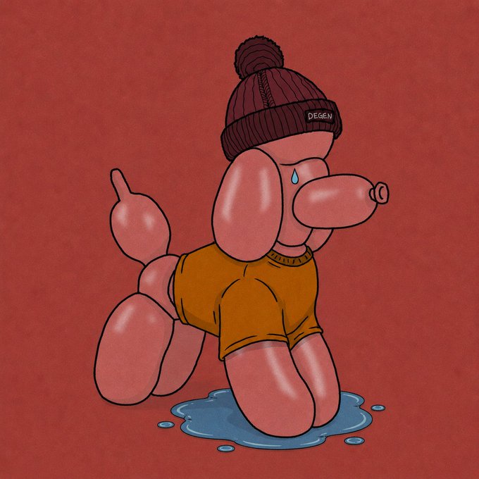 A digital illustration of a sad balloon dog wearing a brown beanie labeled 'DEGEN' and a mustard shirt, kneeling in a puddle of tears against a red background.