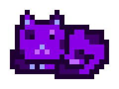 A pixel art illustration of a purple cat curled up sleeping on a white background.