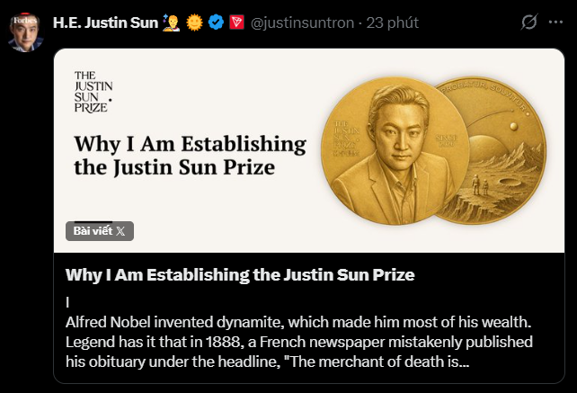 Justin Sun (@justinsuntron) shares an article titled "Why I Am Establishing the Justin Sun Prize," featuring a gold medal with his portrait, drawing parallels to Alfred Nobel's use of dynamite wealth to establish the Nobel Prize.