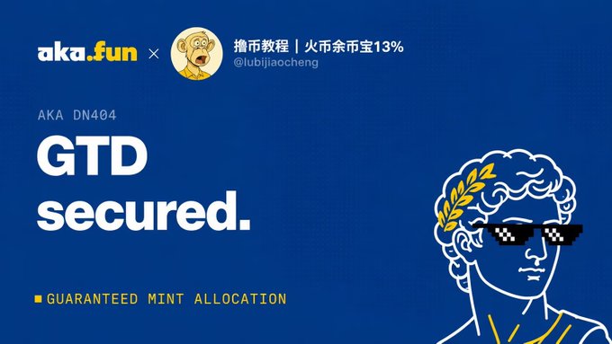 A dark blue promotional graphic features a classical bust illustration wearing sunglasses, alongside text including 'aka.fun', 'GTD secured.', and 'GUARANTEED MINT ALLOCATION'.
