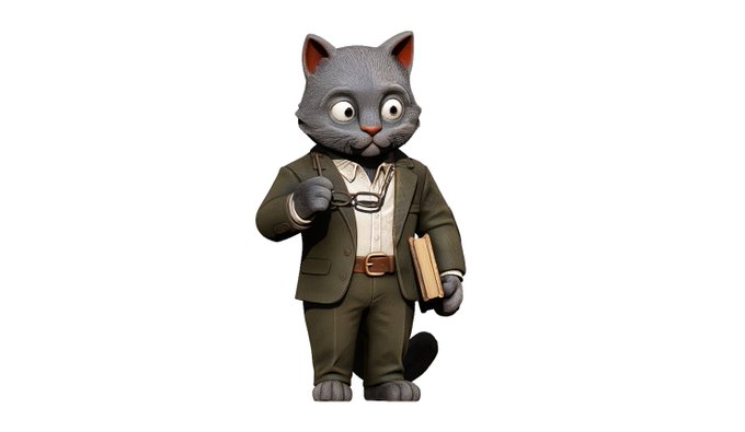 A 3D rendered anthropomorphic gray cat character wearing a brown suit and tie, holding a pair of glasses in one hand and a folder/books under the other arm.