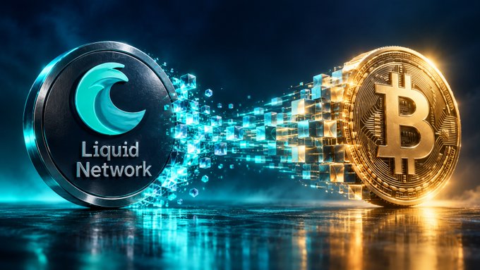 A digital artwork showing a teal 'Liquid Network' coin on the left connecting via glowing pixelated streams to a gold Bitcoin (BTC) coin on the right.