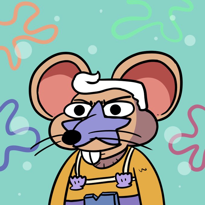 A cartoon illustration of a grumpy mouse character with large round ears, wearing a yellow sweater, set against a pastel teal background with colorful squiggle patterns.