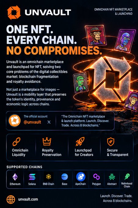 Promotional graphic for UNVAULT, an omnichain NFT marketplace and launchpad, featuring NFT character illustrations and logos for supported chains including Ethereum, Solana, BNB Chain, Base, ApeChain, Polygon, Abstract, and Redhood Chain.