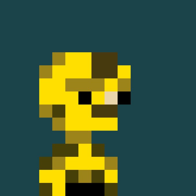 A highly pixelated, abstract graphic featuring geometric blocks of yellow and dark brown against a solid teal background. The composition vaguely resembles a minimalist face or character design.