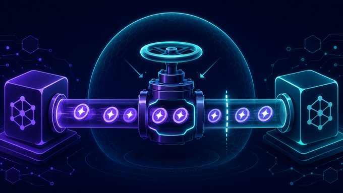 A neon-style digital illustration showing a valve with arrows and cryptocurrency-themed coin tubes connecting two network nodes.