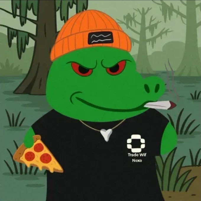 The image shows a cartoon "Pepe" character styled as a tough crocodile/alligator wearing an orange beanie, a black shirt with a "Trade Wif Nexa" logo, holding a slice of pizza and a cigarette. It relates to the post as an unofficial "SuiPuppets" mascot promoting the Nexa trading community on the Sui blockchain.