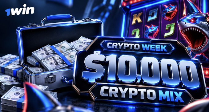 A promotional banner reads "CRYPTO WEEK $10000 CRYPTO MIX" featuring a briefcase overflowing with cash bundles, slot machine symbols, and a menacing shark, with the "1win" logo in the top left.