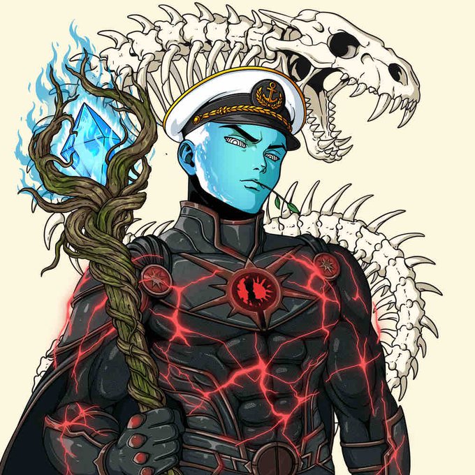 A vibrant digital illustration of a blue-skinned, elf-eared character wearing a white naval cap with an anchor emblem. He has glowing white eyes, wears black armor with glowing red veins, and stands before a large white skeletal dragon skull, holding a staff with a blue crystal.