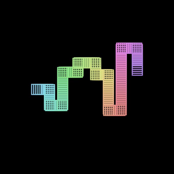An image displaying a Tetris-like structure composed of colorful server racks arranged in ascending steps against a black background.