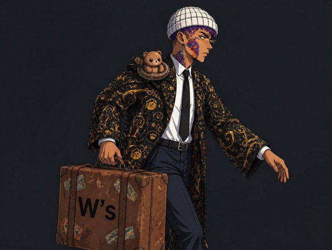 Anime-style illustration of a character with facial tattoos, a white beanie, and an ornate black-and-gold coat, carrying a suitcase labeled "W's" with a small teddy bear on his shoulder.