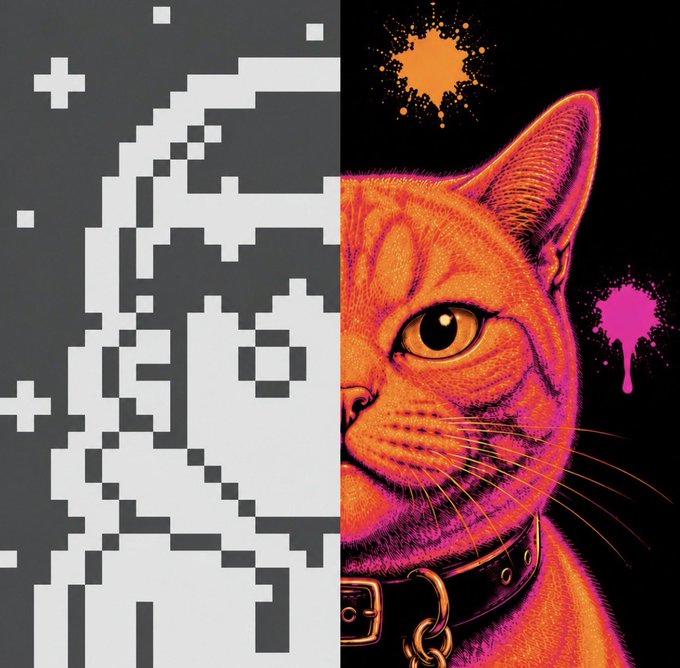 A split image showing a pixelated cat skull on the left in grayscale and a vibrant orange cat with a spiked collar on the right, accented with orange and pink paint splatters.