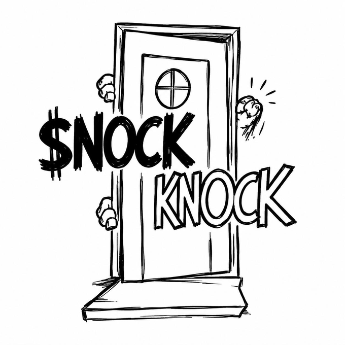 A black-and-white sketch of a door being knocked on with fists peeking out, featuring the bold text "$NOCK KNOCK." The playful "knock knock" onomatopoeia combined with the ticker $NOCK reinforces the post's humorous "Who's there?" greeting about the token.