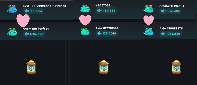 A gaming interface showing three user profiles (EVO - (2) Anemone + Piranha, #4337399, and Angelord Team 3) with high scores in the millions, each marked with a heart icon.