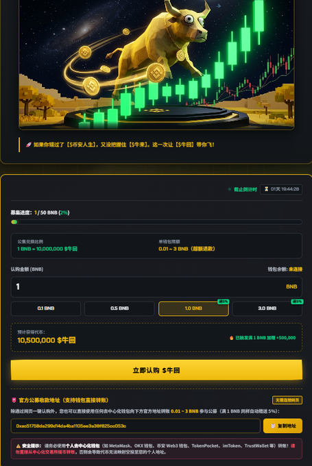 The image displays a cryptocurrency presale webpage for a token called "$牛回" ($NIU HUI), featuring a golden bull charging upward alongside green candlestick charts, with a purchase interface accepting 1 BNB for 10,000,000 tokens at a price of 0.01–3 BNB per million tokens.

The promotional post highlights that following the viral success of "$牛来," many are still waiting, making the launch of the "$牛回" presale a continuation of the bull market momentum with a favorable 1 BNB = 10,000,000 $牛回 exchange rate and limited allocation across equal footing for early participants.