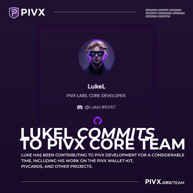 A PIVX announcement graphic reading 'LUKE L COMMITS TO PIVX CORE TEAM' featuring LukeL, a core developer, with his Discord handle '@LukeL#6067' and a note about his contributions to PIVX.