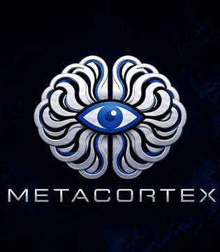 The image displays the MetaCortex logo, featuring a stylized blue and white brain with a central eye design, alongside the "METACORTEX" text below it. The accompanying post highlights MetaCortex's launch of the $MCX token on Solana, addressing AI control in an economy where machines can autonomously move money.