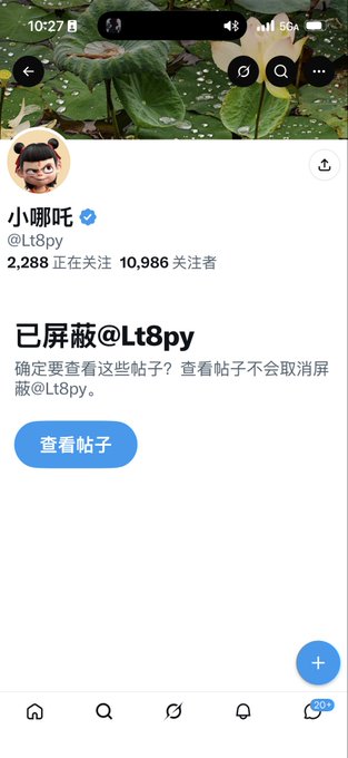 A Twitter/X mobile screenshot showing a profile for 小哪吒 (@Lt8py), a verified account with 10,986 followers that has blocked the viewer, displaying the message "已屏蔽@Lt8py".
