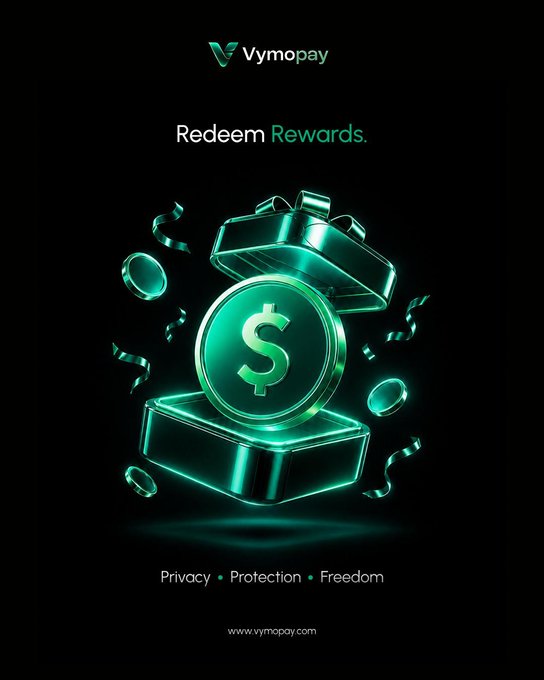 A dark promotional graphic for Vymopay featuring an open glowing green gift box with a dollar coin inside, surrounded by confetti, with the tagline 'Redeem Rewards.' and 'Privacy • Protection • Freedom' along with www.vymopay.com.