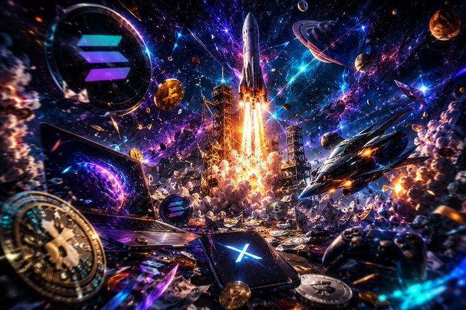 A vibrant, chaotic AI-generated image depicting a rocket launch surrounded by cryptocurrency logos, coins, spaceships, and cosmic elements.