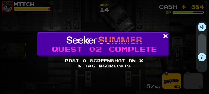 A mobile game screenshot showing a 'SeekerSUMMER QUEST 02 COMPLETE' notification with instructions to post on X and tag @GORECATS, displaying character 'MITCH' and $384 cash.