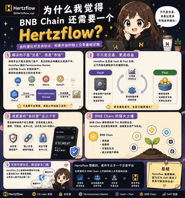 An infographic from Hertzflow (hertzflow.xyz) titled "为什么我觉得 BNB Chain 还需要一个 Hertzflow?" explaining how it provides permissionless on-chain trading infrastructure with self-custody, Vault + Pool, and supports the BNB Chain ecosystem.