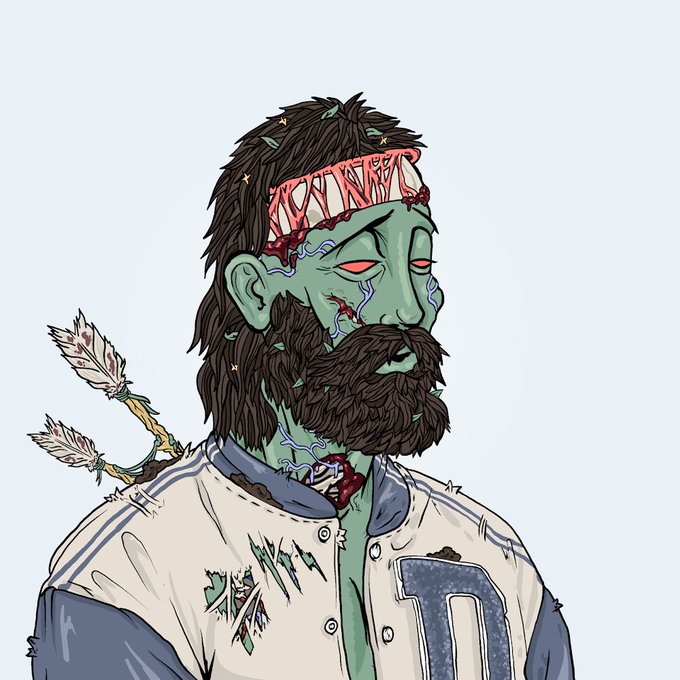 An illustrated portrait of a bearded man with green zombie-like skin, glowing red eyes, exposed skull on his forehead with blood, and arrows piercing his neck, wearing a varsity jacket.