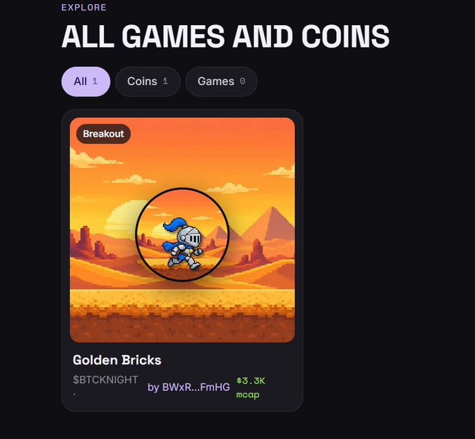 The image shows a "Golden Bricks" game card on Playgroundpad's "All Games and Coins" section, featuring a pixel-art knight against a sunset desert backdrop, tagged with the $BTCKNIGHT ticker and credited to creator "BWxR…FmHG" with a market cap of $3.3K—corresponding to the newly launched Bitcoin Knight game highlighted in the post.