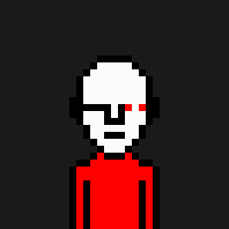A pixel art image of a character with a white skull-like head featuring one red eye and vertical line eyes, wearing a red shirt against a dark gray background.