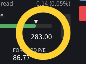 A financial app interface shows a Forward P/E ratio of 283.00 circled in yellow, with a P/E of 86.77 visible below.