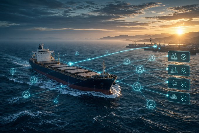 A cargo ship at sea overlaid with a glowing network of user icons and verification checkmarks, suggesting a digital logistics or blockchain tracking system.