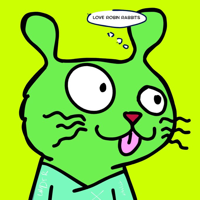 A cartoon illustration of a green cat-like character with a speech bubble reading 'LOVE ROBIN RABBITS' against a bright yellow-green background, with the words 'UNDER' and 'ATTACK' written near its shoulders.