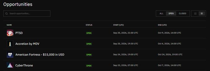 A dark-themed 'Opportunities' dashboard listing four open items: PTSD, Accretion by MDV, American Fortress - $15,000 in USD, and CyberThrone, with start and end dates in UTC.