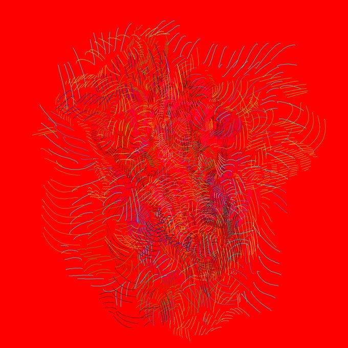 The image features a red background with a large, abstract design composed of many lines and curves that appear to be swirling or twisting. The colors used are predominantly red, yellow, and blue, creating an intense and vibrant visual effect. The image is accompanied by a caption that reads "be wrongest objkt.com/tokens/open_ob …" which suggests the image may have been created for a social media platform like Instagram or Twitter to share with followers.