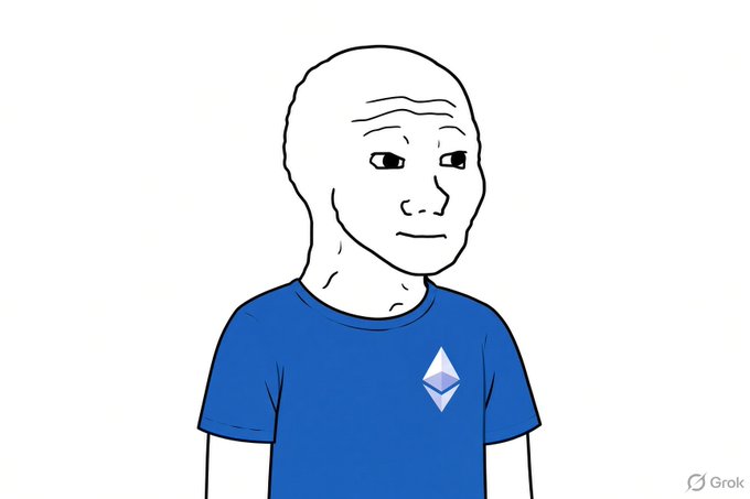 A classic black-and-white "Wojak" meme character with a neutral, slightly smug expression wears a blue t-shirt featuring the Ethereum logo, symbolizing the post's theme of returning to Ethereum's "mainnet" and preserving the original, authentic Wojak amid many variations.