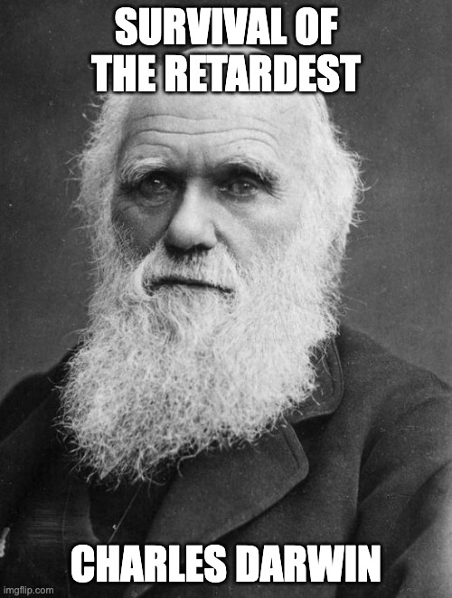 A black-and-white photo of Charles Darwin with a long white beard, captioned "SURVIVAL OF THE RETARDEST" at the top and "CHARLES DARWIN" at the bottom.

The meme uses Darwin's image and a play on "survival of the fittest" to humorously endorse the poster's contrarian market prediction strategy of betting on an early October bottom, framing their persistence in a losing trade as a celebrated (if questionable) evolutionary trait.