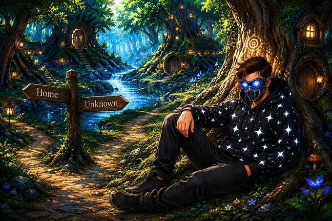 A fantasy illustration of a person wearing a star-patterned hoodie and a tech-style mask with glowing blue eyes, sitting against a tree in a magical forest with signs pointing to 'Home' and 'Unknown'.