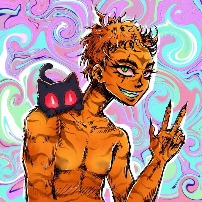 A horned, orange-skinned character with green eyes grins and flashes a peace sign while a small black cat with glowing red eyes perches on their shoulder, all set against a swirling pastel background. The wholesome illustration and friendly pose match the cheerful "Gm" (good morning) vibe of the post.