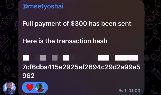 A social media message from @meetyoshai confirming 'Full payment of $300 has been sent' with a transaction hash visible.
